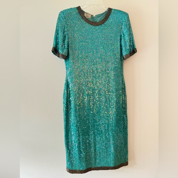Vintage Stenay Turquoise Sequin Gown Mini Dress XS - Picture 4 of 15